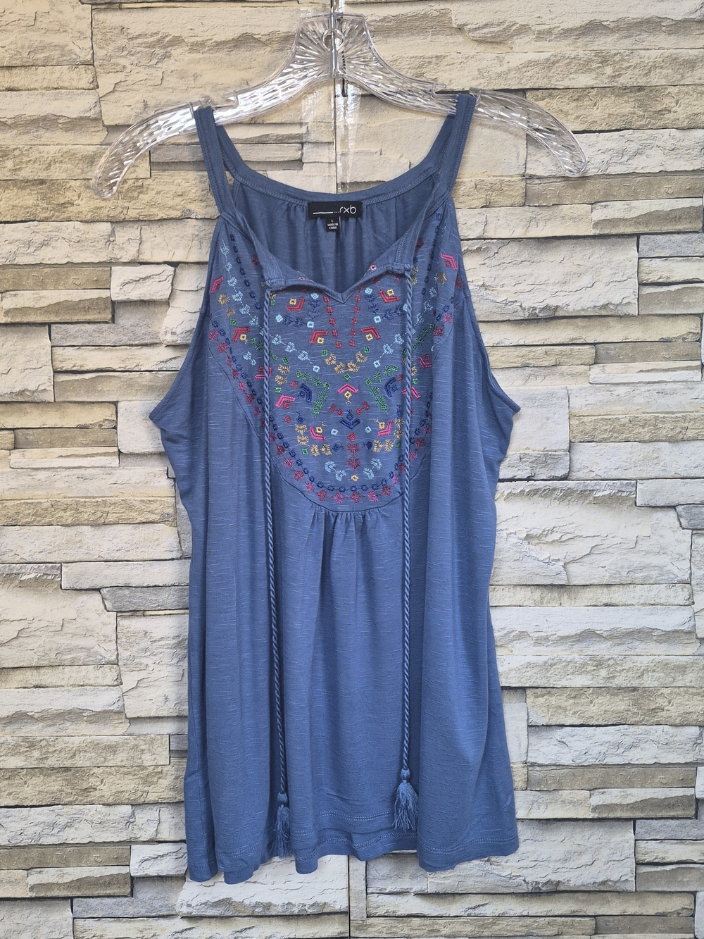 rxb Tank Top Women's L Blue Embroidered Boho Tassel Tie-Neck Summer Hippie Indie